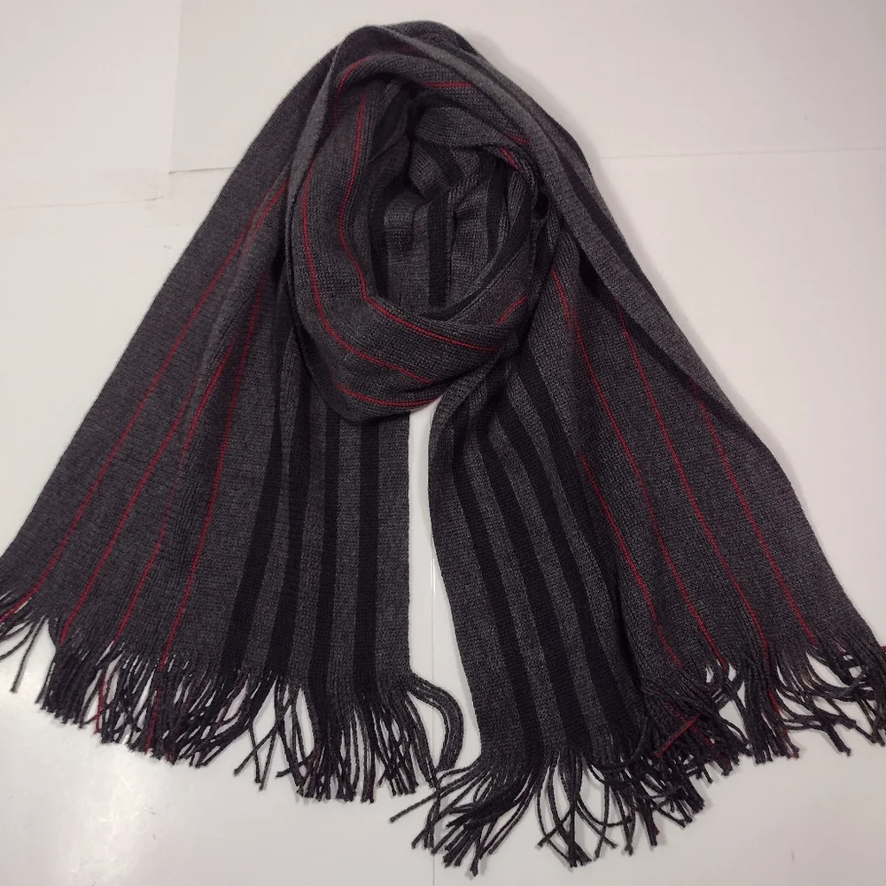 Apt. 9 Gray and Black Striped Scarf with Red Pinstripes